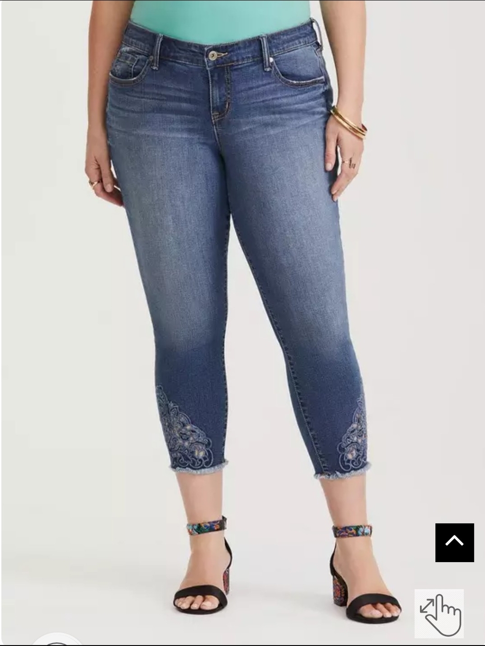Classic Skinny Jean Vintage Stretch Medium Wash, Embroidered Hem, Ankle Crop